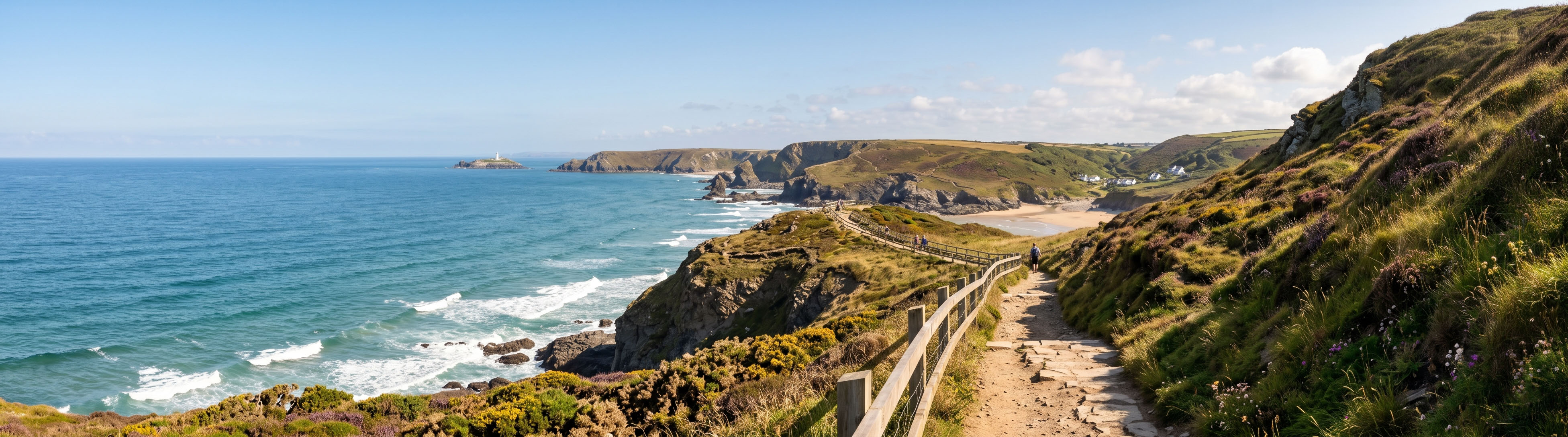 A winding coastal path with views of the sea in the distance