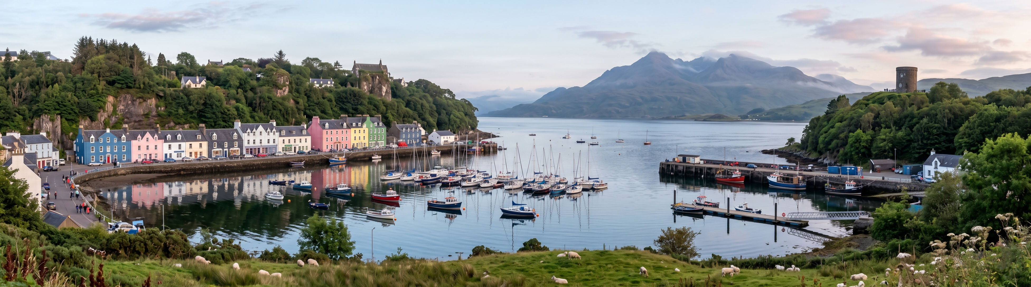 The harbour at Portree lit by the last light of day